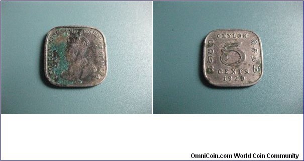 5 Cents circulated British Ceylon (Sri Lanka) Nickel Bronz George V King and Emporer of India very rare coin. 