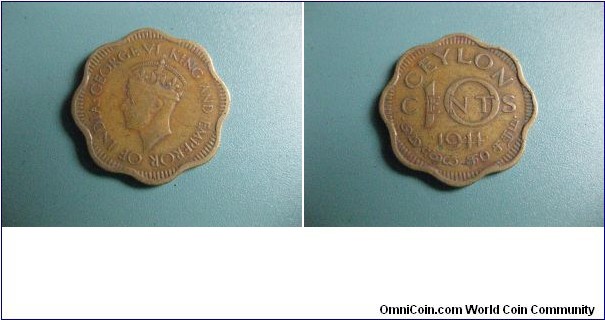 10 Cents British Ceylon (Srilanka) circulated nickel brass coin. George VI British King and Emporer of India. Very Rare Coin.