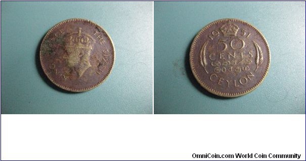 50 cents British Ceylon (Srilanka) circulated Bronz British King George the sixth. Very rare Coin