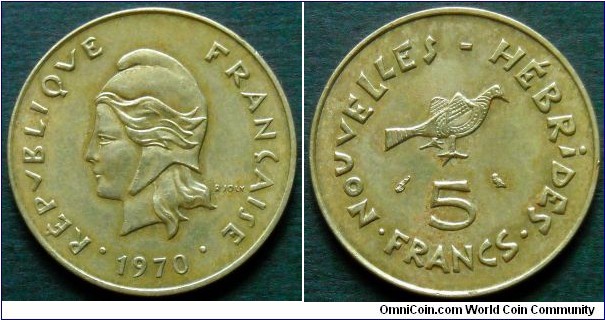 New Hebrides 5 francs.
1970