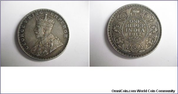 British India 1917 1 Rupee Silver George V King and Emporer. Rare Coin