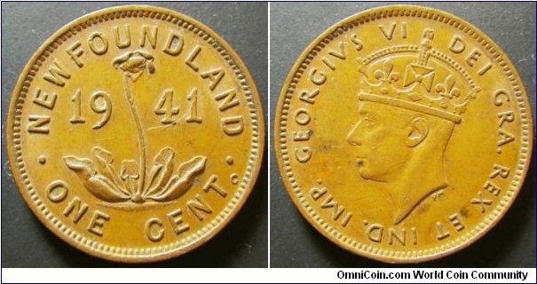 Canada Newfoundland 1941 1 cent. Nice condition except for the dot damage after the word 