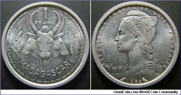 Madagascar 1958 1 franc. Nice condition. Weight: 1.31g. 