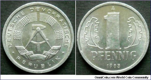 German Democratic Republic (East Germany) 1 pfennig.
1983, Al-mg.
Weight; 0,75g.
Diameter; 17mm.
Mint; Staatliche Münze Berlin (A)
Mintage: 150.000.000 pieces.