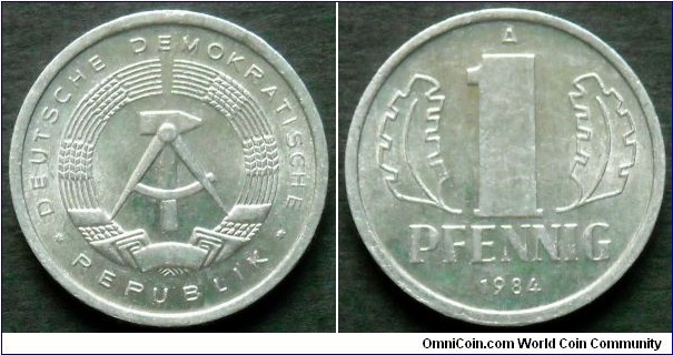 German Democratic Republic (East Germany) 1 pfennig.
1984, Al-mg.
Weight; 0,75g.
Diameter; 17mm.
Mint; Staatliche Münze Berlin (A) 
Mintage: 137.600.000 pieces.