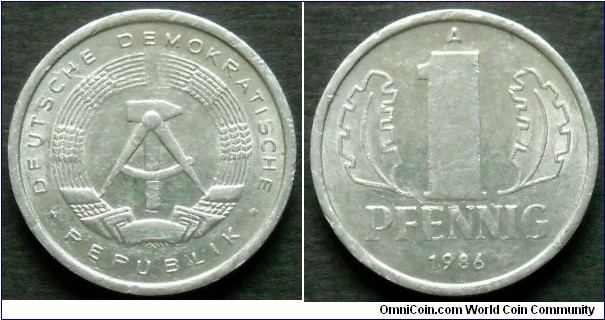 German Democratic Republic (East Germany) 1 pfennig.
1986, Al-mg.
Weight; 0,75g.
Diameter; 17mm.
Mint: Staatliche Münze Berlin (A)
Mintage: 79.900.000 pieces.