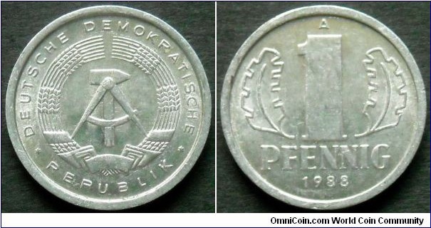 German Democratic Republic (East Germany) 1 pfennig.
1988, Al-mg.
Weight; 0,75g.
Diameter; 17mm.
Mint; Staatliche Münze Berlin (A)
Mintage: 75.449.000 pieces.
