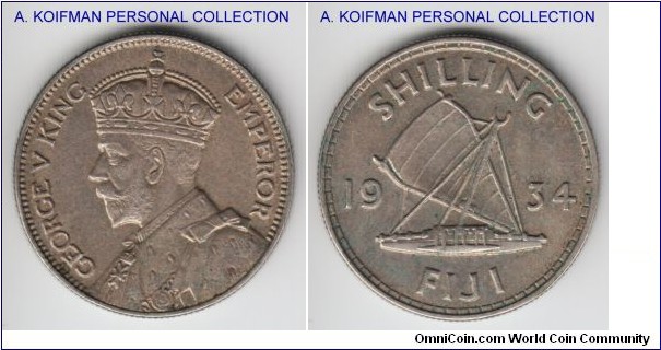 KM-4, 1934 Fiji shilling; silver, reeded edge; extra fine or so, toned