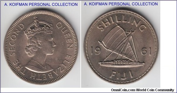 KM-23, 1961 Fiji shilling; copper-nickel, reeded edge; nice brilliant uncirculated specimen