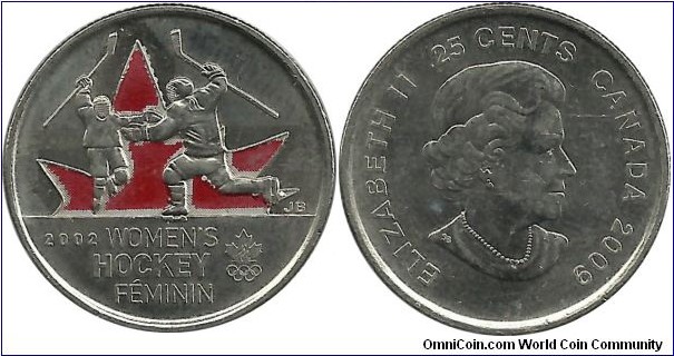 Canada 25 Cents 2009(red) - XIX.Winter Olympics 2002; Women's Hockey Gold Medalist Canada Team