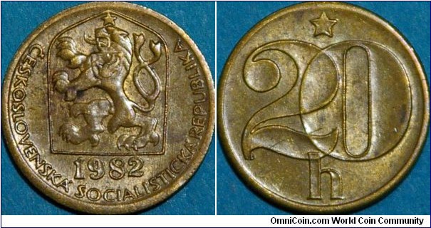 20 Haléřů, Socialist coat of arms with lion. Brass, 19.5 mm. 