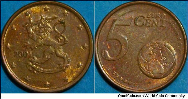 5 Euro cents, with the Finnish heraldic lion, Copper-covered steel, 21.25 mm