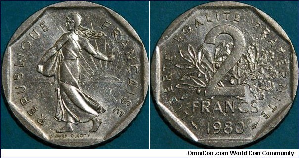 2 Francs, with 'The Sower', a national emblem of France.  Ni, 26.5 mm.