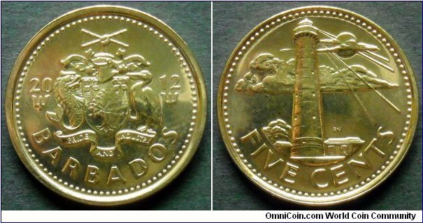 Barbados 5 cents.
2012, Brass plated steel.