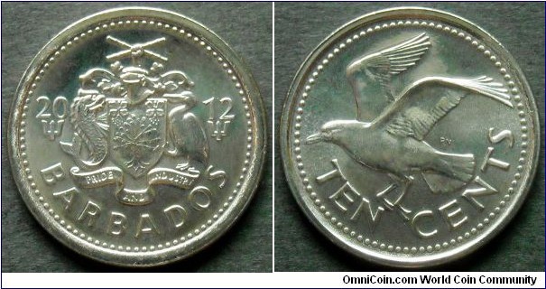 Barbados 10 cents.
2012, Nickel plated steel.