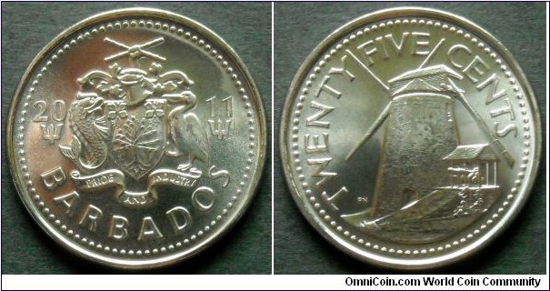 Barbados 25 cents.
2011, Nickel plated steel.
