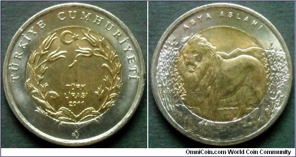 Turkey 1 lira.
2011, Asian Lion.
Bimetal.