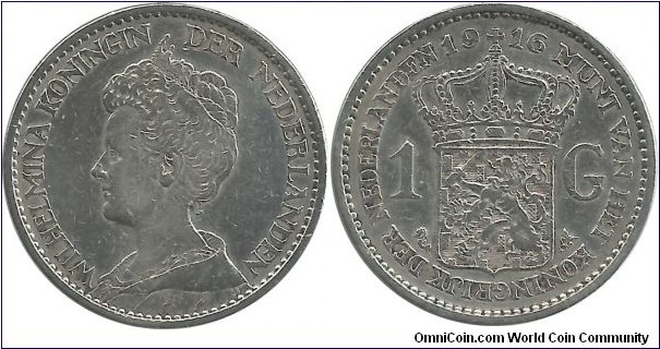 Nederlands 1 Gulden 1916 - Queen Wilhelmina