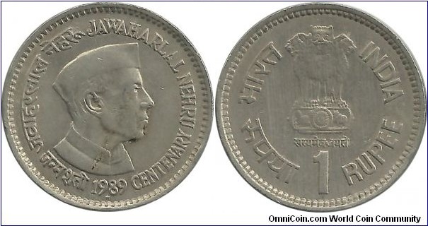 India-Republic 1 Rupee 1989(H) - 100th Birth of J. Nehru