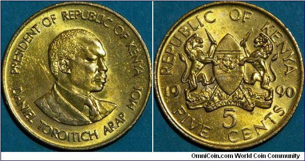 5 cents, with president Daniel Toroitich, Ni-brass, 25.5 mm 