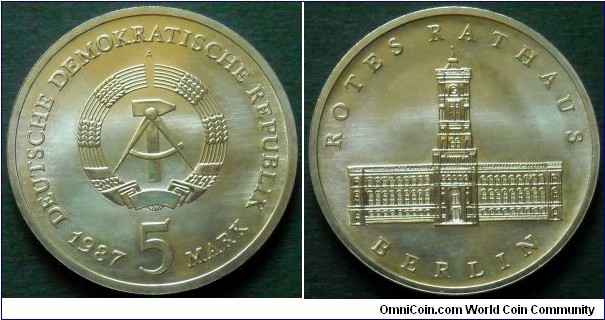 German Democratic Republic (East Germany) 5 mark 1987, 750th Anniversary of Berlin - Rotes Rathaus.