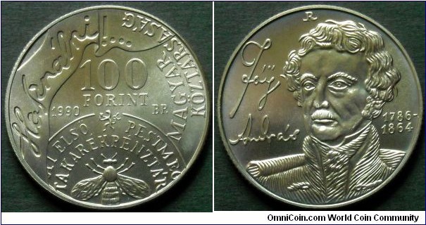 Hungary 100 forint.
1990, 150th Anniversary of first Hungarian Savings Bank.
Andras Fay (1786-1864) Cu-ni-zn.
Weight; 12g.
Diameter; 32mm.
Mintage: 20.000 pieces.