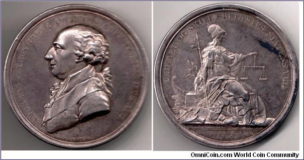 1796 Denmark Foreign Minister Andreas von Bernstorff Medal by Loos. Silver: 41.5MM./26.33 gms.Obv: Draped bust of Bernstorff left, legend ANDREAS PETRVS GREVE AF BERNSTORFF FOD 1735 D 28 AVGVST.( Andreas Peter von Bernstorff birn 28th. August 1735. Rev: Justice seated right, legend VED RET OG SKIEL BEFAESTES STATEN VEL. (The Stste consolidated well by law and skill.)


