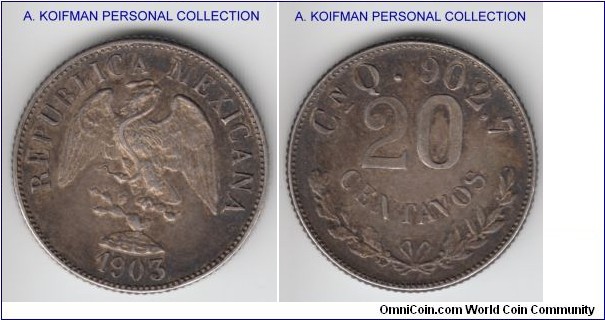 KM-405, 1903 mexico 20 centavos, Culiacan mint (CnQ mintmark); silver, reeded edge; nice almost extra fine, mintage 93,000.