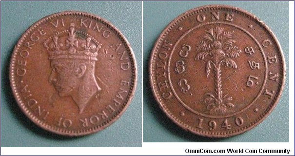 British Ceylon 1940 King George VI One Cent