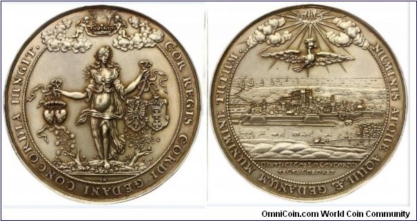 1653 Poland Gdansk, City Galvanic Medal after Medal 1653 by Johann Hohn on visiting King John Casimir.
Obv: Standing concord with two linked hearts in the right, two connected emblem in left, holding palm and olive branch, a crown. Legend COR REGIS CORDI GEDANI CONCORDIA IUNGIT. Exergue intial IH. Rev: Above the City standing imperial eagle, above Tetragrammation in the glory, legend NUMINIS ATQUE AQUIL AE GEDANUM MUNIMINE TUTUM. Exergue DANTIS CI COELO CON CORDIA TECTA CORONET.
