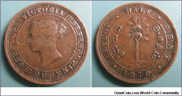 1870 British Ceylon Queen Victoria 1/2 Cent Copper Coin