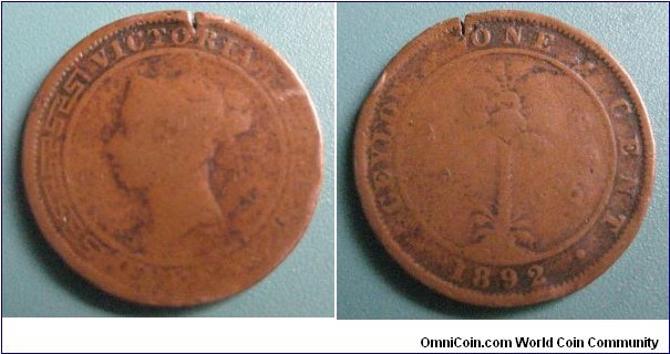 1892 British Ceylon Queen Victoria 1 Cent Copper Coin.
