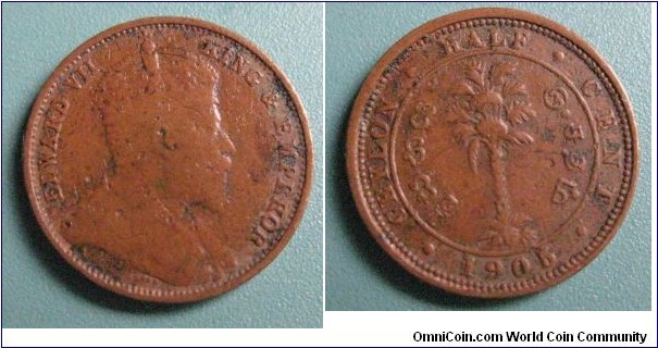 1905 British Ceylon Copper 1 Cent Coin Edward VII King and Emporer.