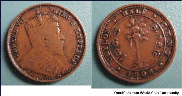 1908 British Ceylon Copper 1 Cent Coin Edward VII King and Emporer.