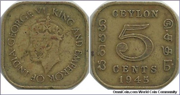 Ceylon-British 5 Cents 1945