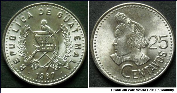 Guatemala 25 centavos.
1987, Cu-ni-zn.