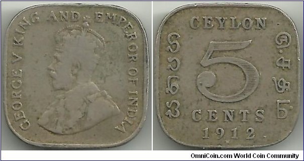 Ceylon-British 5 Cents 1912H (This 