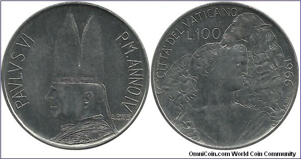 Vatican 100 Lire 1966-AnnoIV