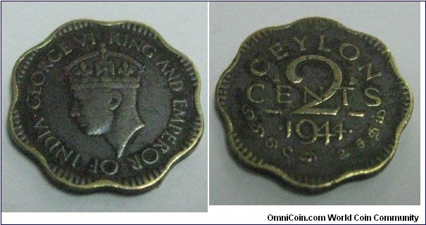 British Ceylon 1944 2 Cents Coin George VI King and Emperor of India 