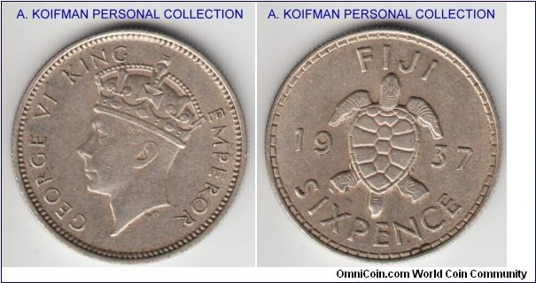 KM-8, 1937 Fiji 6 pence; silver, reeded edge; extra fine, nice obverse, minimal wear