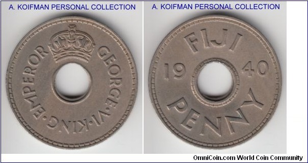 KM-7, 1940 Fiji penny; copper-nickel, plain edge; about uncirculated to uncirculated, scarcer issue with mintage of 144,000 only.