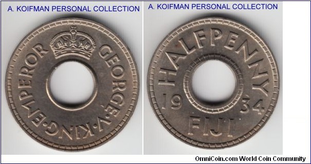 KM-1, 1934 Fiji half penny; copper-nickel, plain edge; Uncriclated, small carbon spot on reverse, mintage 96,000.