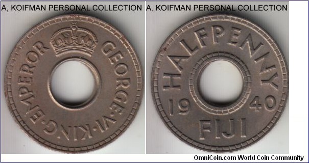 KM-14, 1940 Fiji 1/2 penny; copper-nickel, plain edge; scarce mintage of 24,000, good, a bit dirty about uncirculated, average uncirculated for wear but some dirt and spots in places.