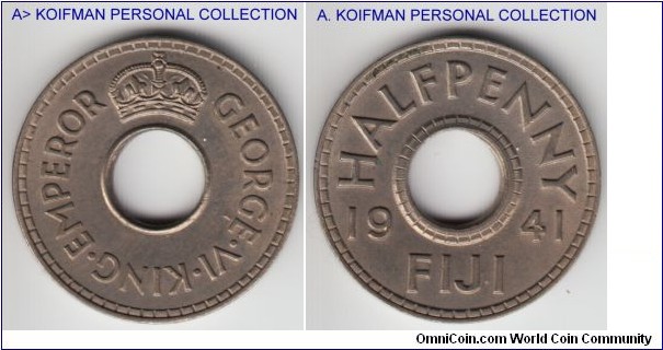 KM-14, 1941 Fiji 1/2 penny; copper-nickel, plain edge; mintage of 96,000, a bit dirty, net extra fine or about.