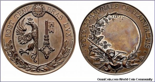 1892 Swiss Plainpalis Shooting medal. Bronze: 51 MM./81.86 gms.

