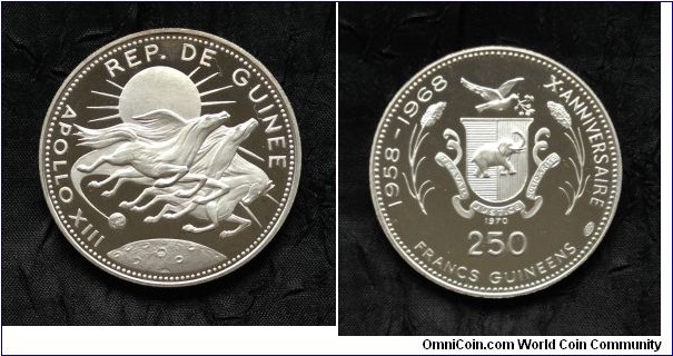 KM-14, 1970 Republic of Guinea 250 francs; proof, silver, reeded edge; commemorative Apollo XIII, from the 10'th anniversary of independence issue.