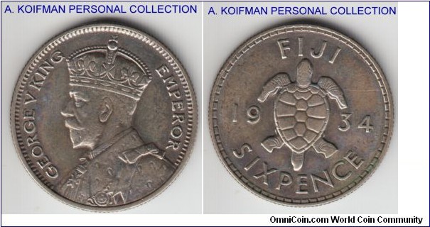 KM-3, 1934 Fiji 6 pence; silver, reeded edge; good very fine to about extra fine, mintage 160,000.