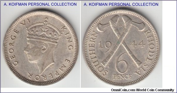 KM-17a, 1944 Southern Rhodesia 6 pence; silver, reeded edge; average uncirculated, light toning.