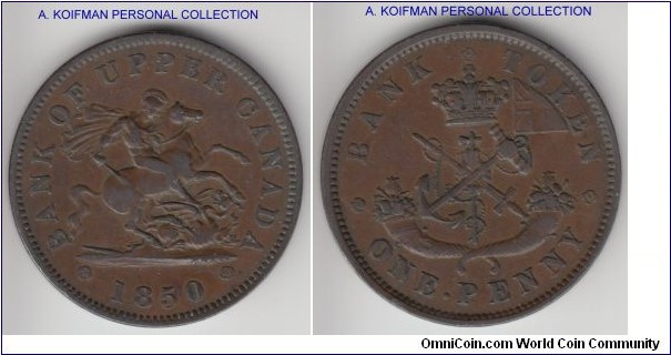 KM-Tn3, 1850 Upper Canada penny token; copper, plain edge; good very fine, even wear, no dot.