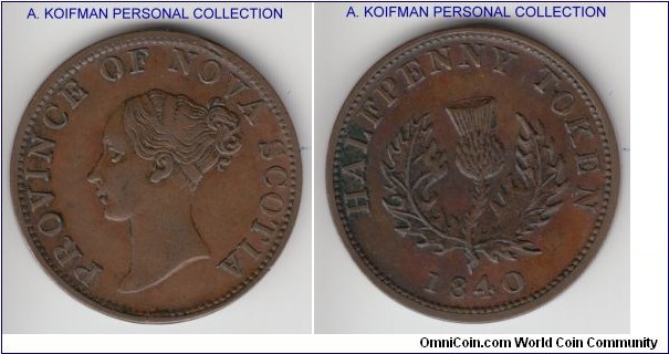 KM-3, 1840 Nova Scotia halfpenny token; very fine, possibly medium 0